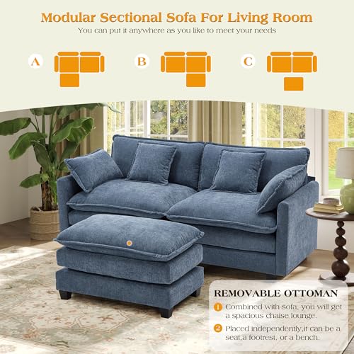 Image of 77.6 inch Modular Sectional Sofa,Loveseat Couch for Living Room, Modern Deep Seat Sofa 2 Seater Chenille Fabric Comfy Cloud Couches with Throw Pillows & Ottoman for,Apartment