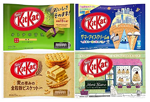 Japanese Kit Kat Mini Bar - 4 Pack Variety Limited Edition Assortments Matcha Wheat Cracker Mont Blanc Summer Ice Cream Flavor Dessert Cookies Wafers Treats for Kids Adult by Unhaâ€™s Asian Snack Box