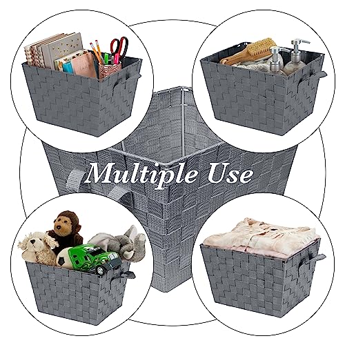 Image of Simplify Medium Woven Strap Tote | Decorative Storage Basket | 2 Handles | Organization | Closet | Bedroom | Bathroom | Nursery | Accessories | Toys | Gifts | 1 Pack | Grey
