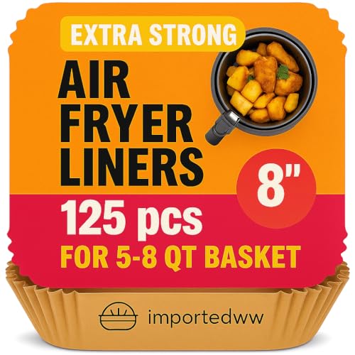 Air Fryer Liners 125 Pcs – 8” Square Disposable Paper for 5–8 QT Basket – Non-Stick, Oil-Proof, Food-Grade Parchment – Fits Ninja, Gourmia, Vortex, More