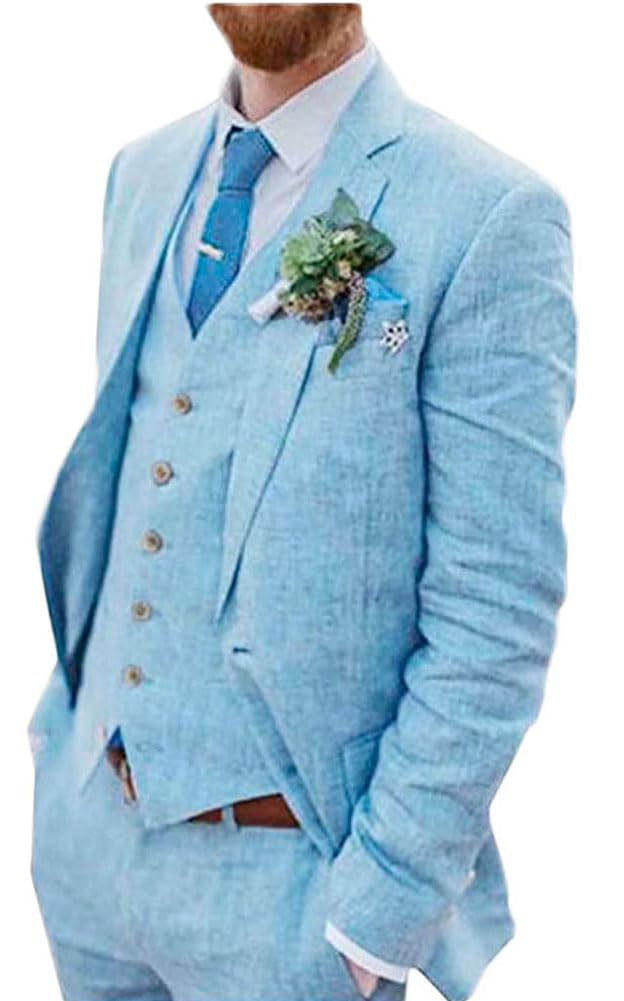 Botong Men's 3 PC Linen Wedding Suits Two Buttons Groom Tuxedos Single Breasted Beach Wedding Suit Business Suit Blue 42 Chest / 36 Waist