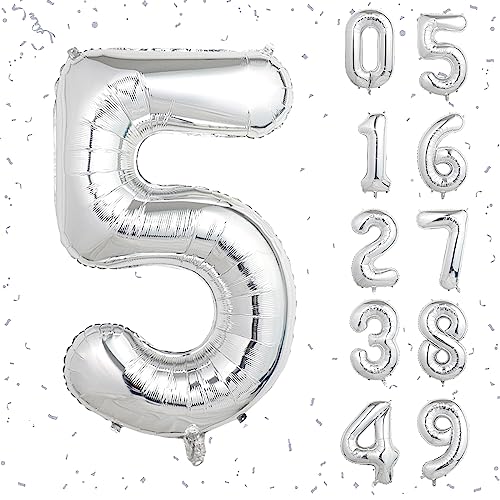 Image of 40 Inch Silver Number Balloons, Helium Mylar Foil Number Balloons for Birthdays, Number 5 Balloon for Party Wedding Bachelorette Birthday Bridal Shower Anniversary Celebration Party Decorations