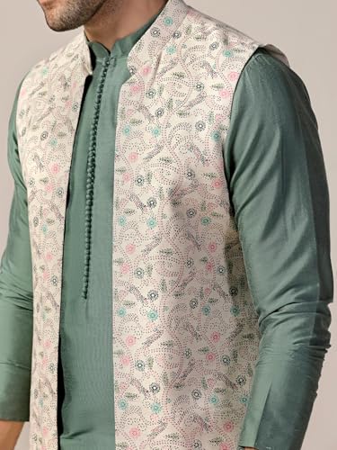 Image of KISAH Men's Kurta Jacket Churidar Set, Multi Cotton Blend, Printed Regular Fit Mandarin Collar Full Sleeves