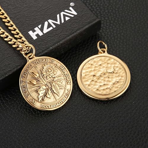 HZMAN Coin Necklace Men's Stainless Steel Necklace Pendant Retro Ecclesiastes Bible Verse Round Medal Necklace Jewelry Gift4