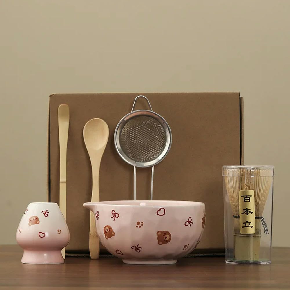 (6 sztuk)/zestaw do herbaty japońska ceramiczna matcha z kokardą w kształcie misia miska do matcha łyżka narzędzia do parzenia herbaty trzepaczka akcesoria do matcha