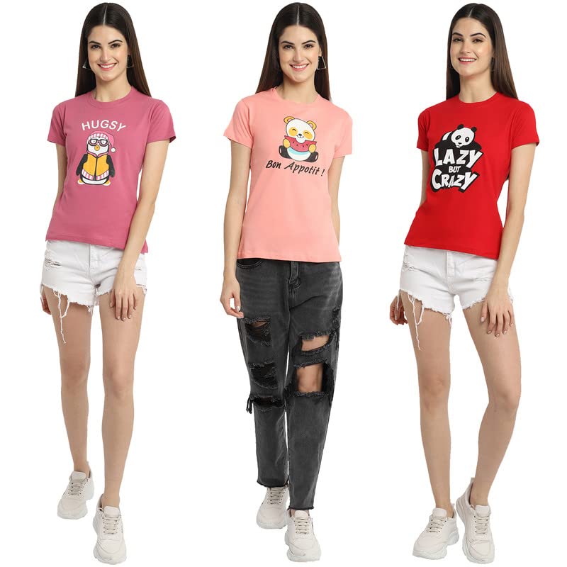 Image of Preneum Women's Cotton Regular Fit Graphic Stylish Printed Short Sleeves Casual T-Shirt || Trend Styles & Style (Pack 3)