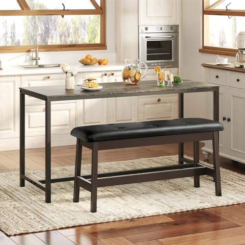 HOOBRO Dining Bench Bundle, Pair of 2 Benches, Industrial Style Indoor Benches,Bamboo Dining Room Bench with PU Leather Upholstered Seat, for Kitchen, Dining Room, Living Room BF01CD01-CB13CD01