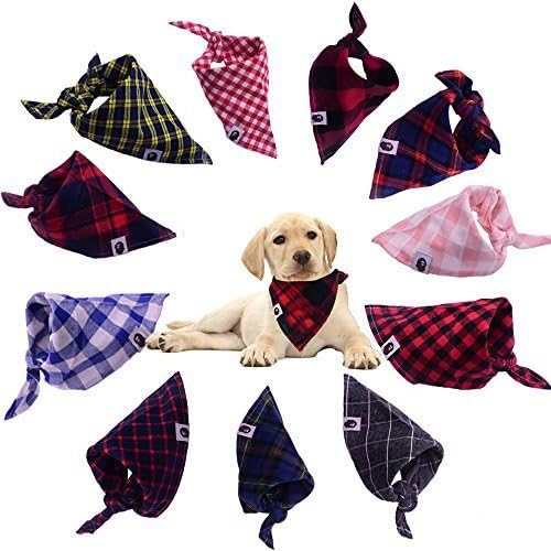 Odi Style Buffalo Plaid Dog Bandana 4 Pack - Cotton Bandanas Handkerchiefs Scarfs Triangle Bibs Accessories for Small Medium Large Dogs Puppies Pets, Black and White, Red, Green, Blue and Navy Blue
