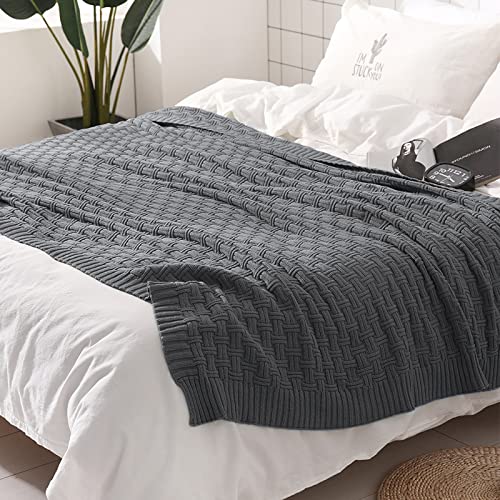 Image of TREELY 100% Cotton Knitted Throw Blanket 50 x 60 Inches, Dark Grey