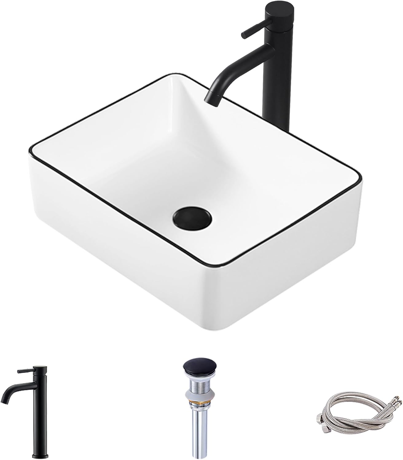 Rectangle Vessel Sink, 16"x12" Above Counter Bathroom Sink Rectangular Small White Ceramic Vessel Sinks for Bathrooms With Black Trim