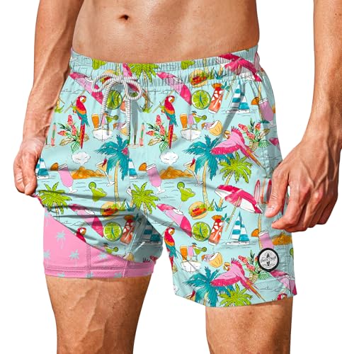 ERECT PEAK Men's Designer Fashion Swimwear Swim Shorts Compression Liner 5 Inches Moisture Wicking 2 in 1 Quick Dry Fit Summer Beach Printed Graphic Vacation Pool Bathing Trunks Light Blue - Palm L