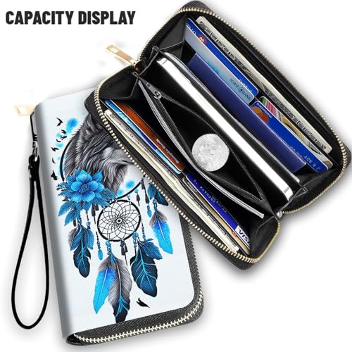 Wallet,Large Capacity RFID Blocking Leather Wallet, Durable Smooth Zipper Clutch,Unisex Travel Wallet for Cards,Cash,and Coins,Dream Catcher Wolf2