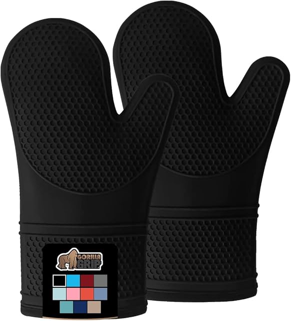 Gorilla Grip Premium Silicone Slip Resistant Oven Mitt Set, Soft Flexible Oven Gloves, Heat Resistant Kitchen Cooking Mitts, Protect Hands from Hot Surfaces, Cookie Sheets, Black Pair, Set of 2