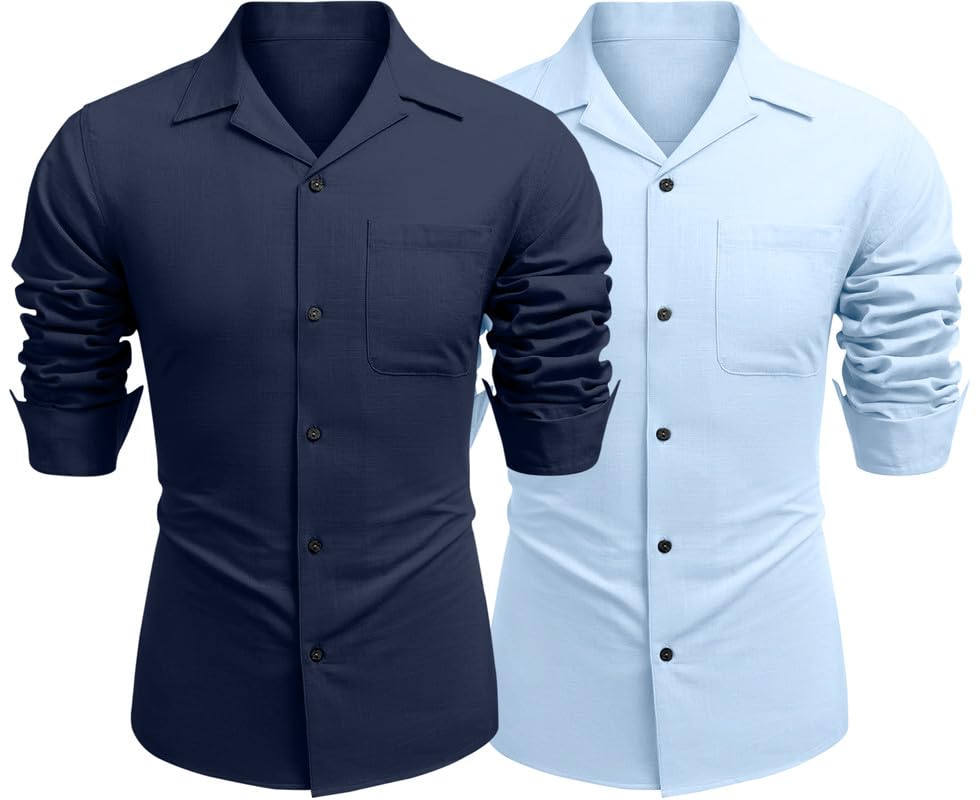 Image of Combo of Men's Casual Cotton Blend Shirt || Long Sleeve Button Down with Spread Collar | Lightweight Breathable Fabric | Stylish Solid Shirt for Beach, Office & Everyday Wear Pack of 2