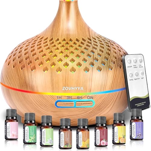 ZOVHYYA Diffusore di Oli Essenziali 500ml Diffusore per Ambienti Umidificatore Ambiente 4 Timer e 14 Colori LED Oli...