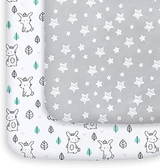 Pack and Play Sheets, 2 Pack Mini Crib Sheets, Stretchy Playard Fitted Sheet, Compatible with Graco Pack n Play, Soft and Breathable Material, Stars & Bunny