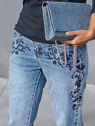 Flamingals Carrot Jeans for Women Mid Rise Casual Floral Embroidery Wash Roll Hem2
