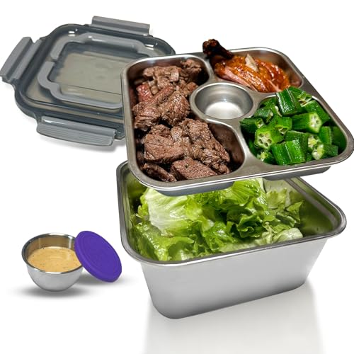 Salad Container for Lunch Stainless Steeel Salad Container 60-oz Salad Bowl with Lid 4-Compartment Bento-Style Tray 1.5-oz Salad Dressing Container Dishwasher Microwave and Oven Safe (Gray Lid)