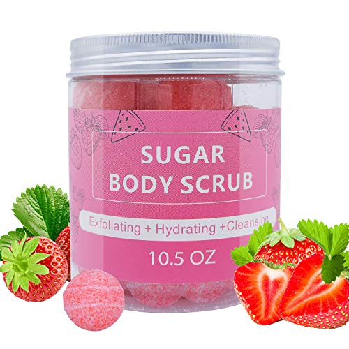 CHEPULA Sugar Body Scrub 3 in 1 Soften,Nourish Skin Cleaning with Essential oil Cane Sugar Scrub Drawing fun Exfoliating Body Scrub Great Gifts For Women 10.5oz (Strawberry)