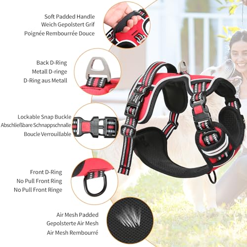HEELE Hundegeschirr, Brustgeschirre für Hunde, Laufgeschirre Hund mit abschließbarem Schnappverschluss, einstellbare reflektierende Hundegeschirre, Offen am Hals, Anti Zug Dog Harness, Rot, L