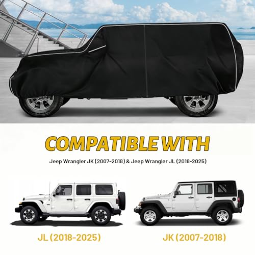 Image of 420D Waterproof car Cover Compatible with 2007-2025 Jeep Wrangler JK JL 4-Door, Outdoor Waterproof All-Weather car Cover, Sun Protection, Frost Protection, Snow Protection, with Door Zipper