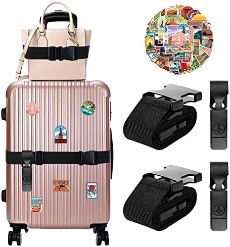 Travel Belt Luggage Straps Over Handle for Carry On Bag, Moxikison 2-in-1 Adjustable Travel Luggage Belt for Suitcase Add a Bag with 2 Plastic Buckle Elastic Strap, 2 Tags, 50Pcs Stickers, 5 Pack