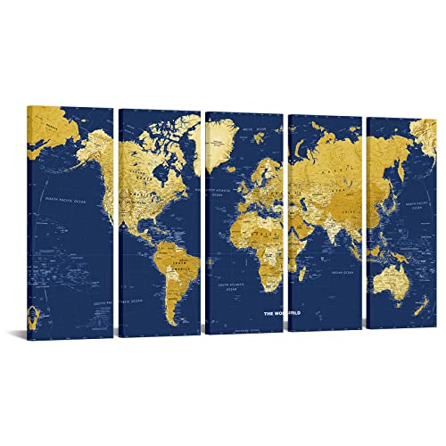 5 Panel Blau und Gold Weltkarte Wandkunst Abstrakte Drucke Gemälde auf Leinwand Moderne Heimdekoration Kunstwerke Bilder für Bürodekorationen 30,5 x 81,3 x 12,7 x 12,7 cm Cover