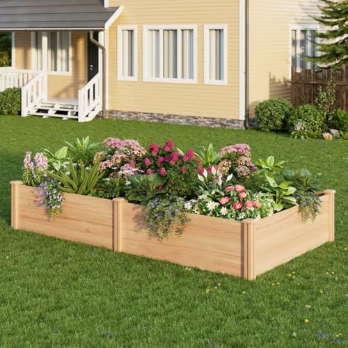 Image of Raised Garden Bed for Outdoor, 8x4 Ft Wood Garden Bed with 15 Inch Depth for Flowers /Vegetables /Herbs in Backyard Patio Outdoor, Open Base Bottom Planter Box