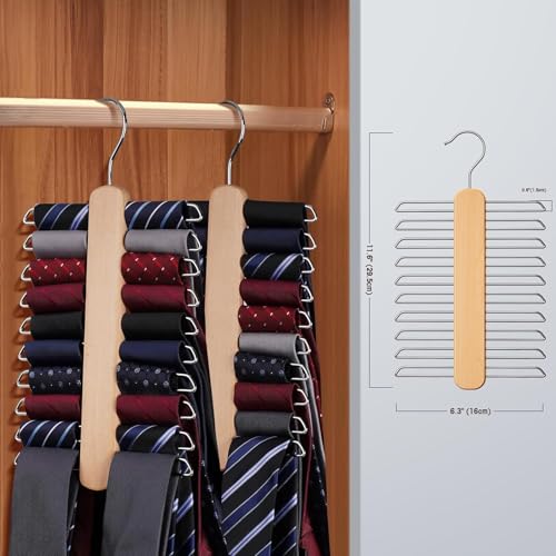 Image of ROLLYWARE Wood Tie Hanger, Rust Resistant Wooden Necktie Organizer with 20 Swivel Hooks, 360 Degree Rotation, Space Saving, Ideal for Closet Storage (1, Natural Wood)