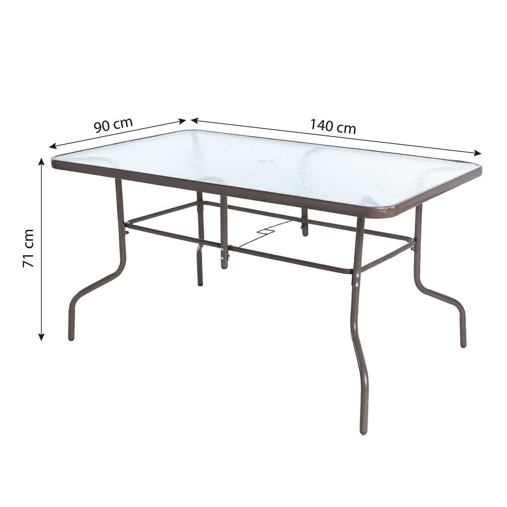 MONTY Conjunto Exterior | Mesa 140 cm de Acero y Cristal Templado + 4 Sillas de Textileno Antracita | Resistente: Pintura anticorrosión, Tela Doble | Transpirables, Apliables | Classic