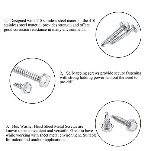 Dywishkey DYWISHKEY-SHEET-SCREW-320PCS 320 Pieces 410 Stainless Steel #8#10#14 Hex Washer Head Self Drilling Sheet Metal Screws Assortment Kit thumb #3