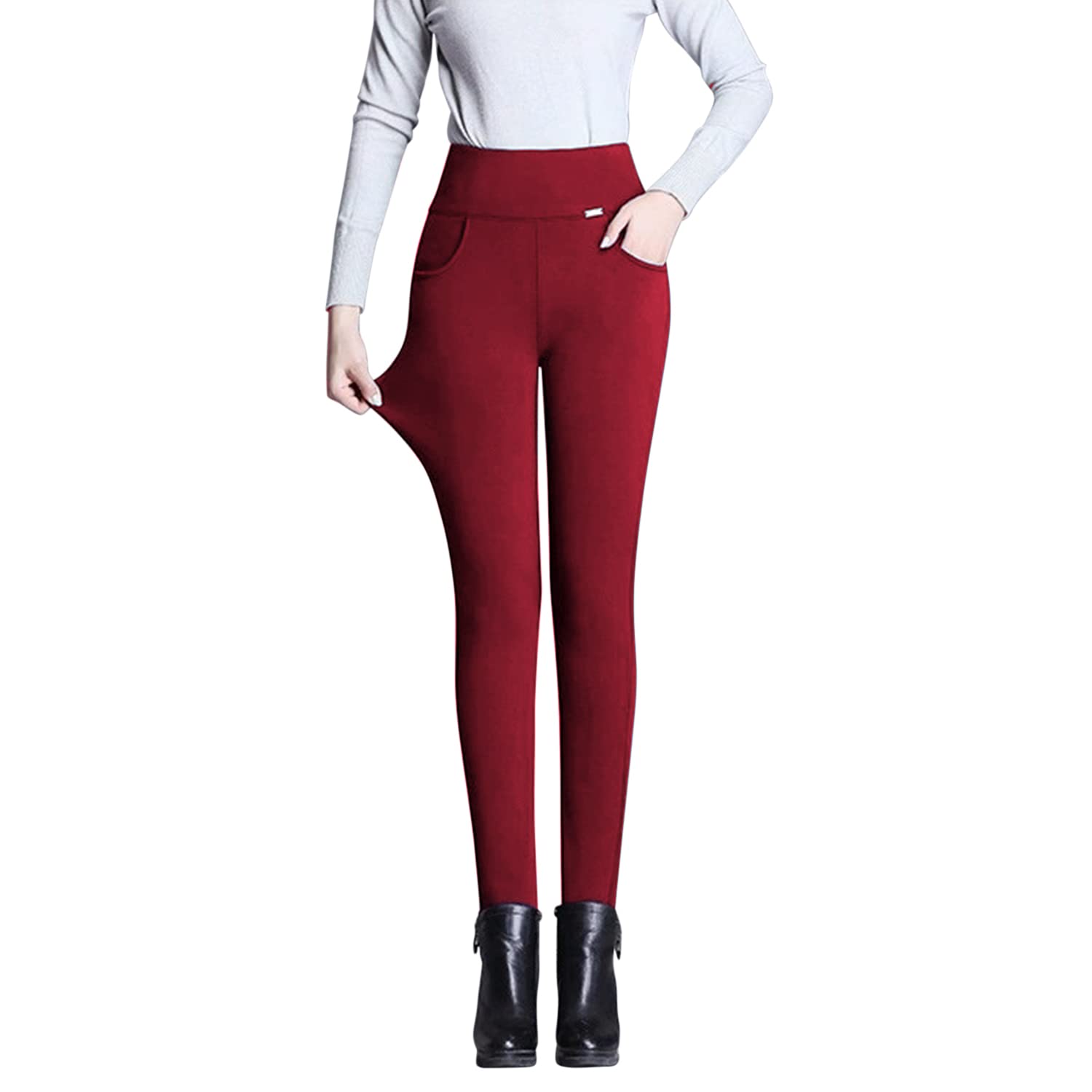 Womens High Waisted Fleece Lined Thick Leggings Tummy Control Winter Warm Stretchy Skinny Pants with Pockets