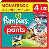 Pampers Windeln Paw Patrol Pants Größe 4 (9-15kg) Baby-Dry, Maxi mit Stop- und Schutz Täschchen, MONATSBOX, 180 Höschenwindeln