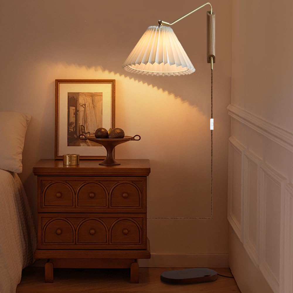 Generico Lampa ścienna z obrotowym ramieniem lampka do czytania z przewodem plisowany klosz Vintage drewniane regulowane mosiężne ramię do sypialni łóżko nocne salon