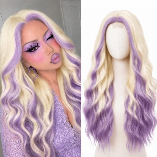 Cosplay Long Blonde Purple Wig 28 Inch Middle Part Synthetic Wigs for Women