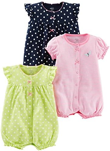 Simple Joys by Carter's Baby Girls' Snap-Up Rompers, Pack of 3, Navy/Pink/Yellow, Dots/Stripe, 3-6 Months