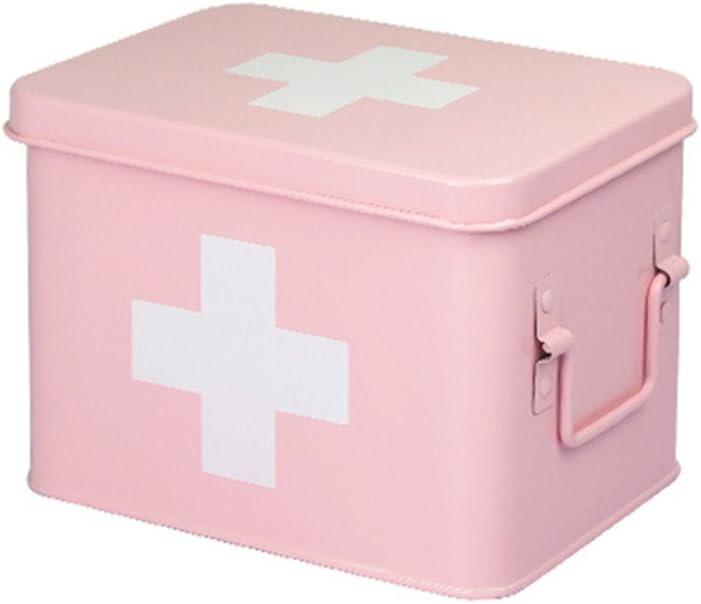 YESCO Cute Red with White Cross Metal Pill Case Family Iron Steel Medicine Storage Box Empty Portable First Aid Kits Medicine Cabinet Case Household Pill Organizer for Home (Small Without Lock, Pink)
