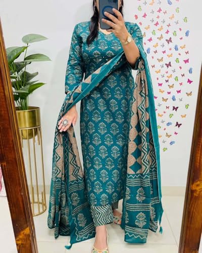 Image of Rangnavi Women's Cotton Trending Straight Kurta with Pants and Dupatta Set | Ethnic Set (Teal)