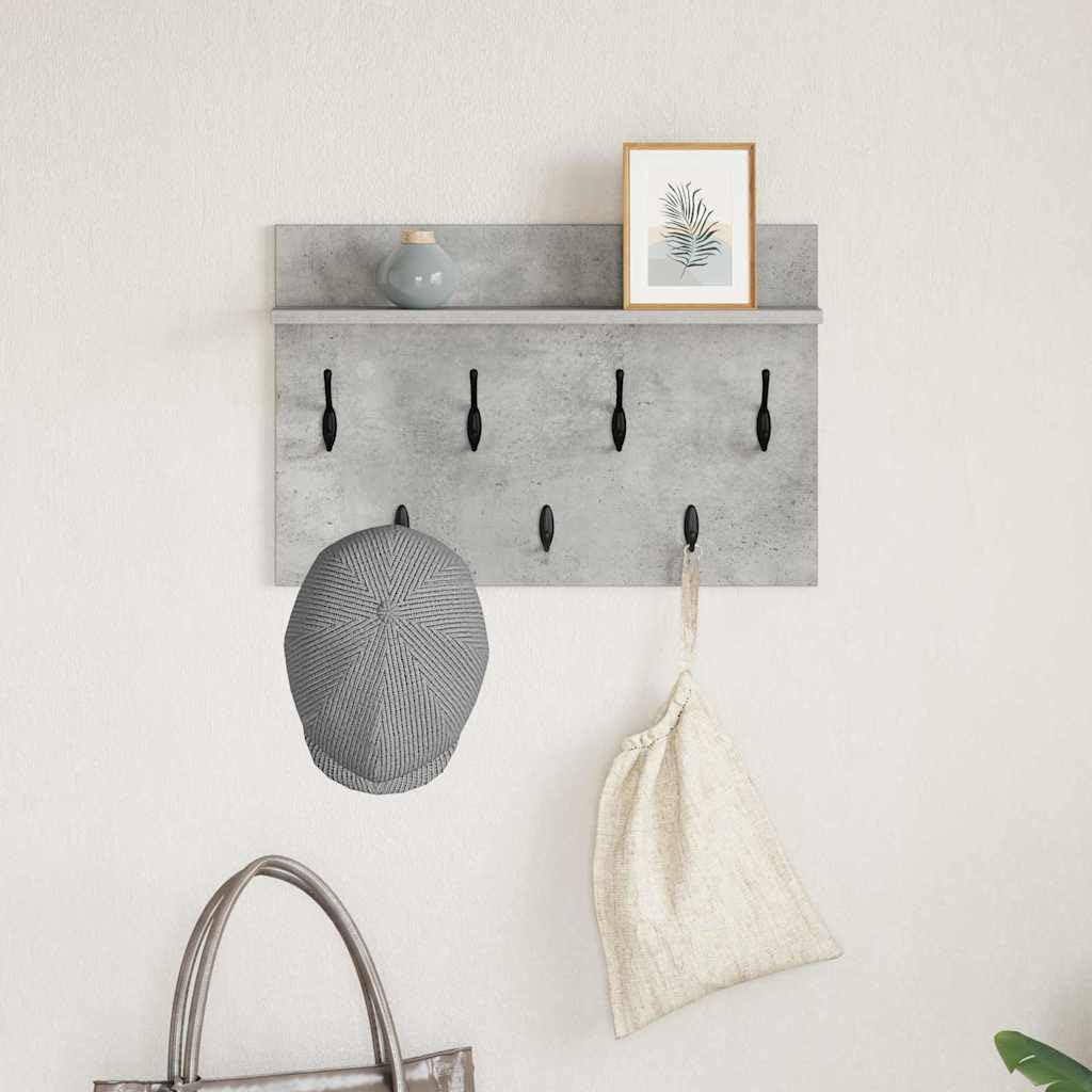 Perchero de pared gris hormigón 60 x 40 x 12 cm de material de madera con estantes y ganchos – Diseño moderno para pasillo, entrada y salón