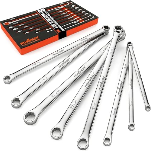 HORUSDY 8-Piece Extra Long Double Box-End Wrench Set 12-Point Metric 824 mm CR-V Steel 15 Offset Off-Corner Loading with EVA Foam Organizer