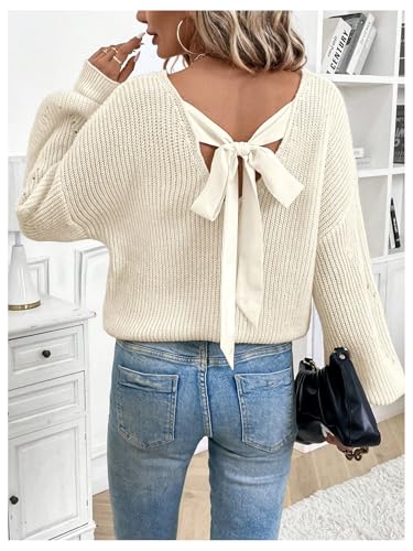 Image of GORGLITTER Women's Bow Fall Sweaters 2025 Cable Knit Chunky Oversized Long Sleeve Backless V Neck Pullover Tops