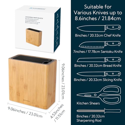 Image of KITCHENDAO XL Bamboo Universal Knife Block Holder with Slots for Scissors and Sharpening Rod, Safe, Space Saver Knives Storage Stand Display without Knives, Unique Slot Design to Protect Blade