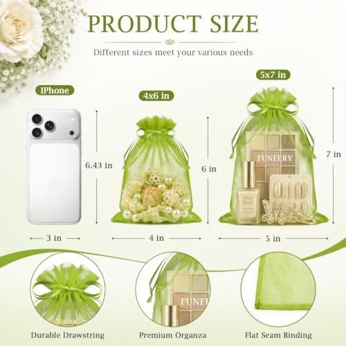 Image of FUNFERY 100Pcs Green Organza Bags 4x6 in,Small Mesh Drawstring Gift Bag