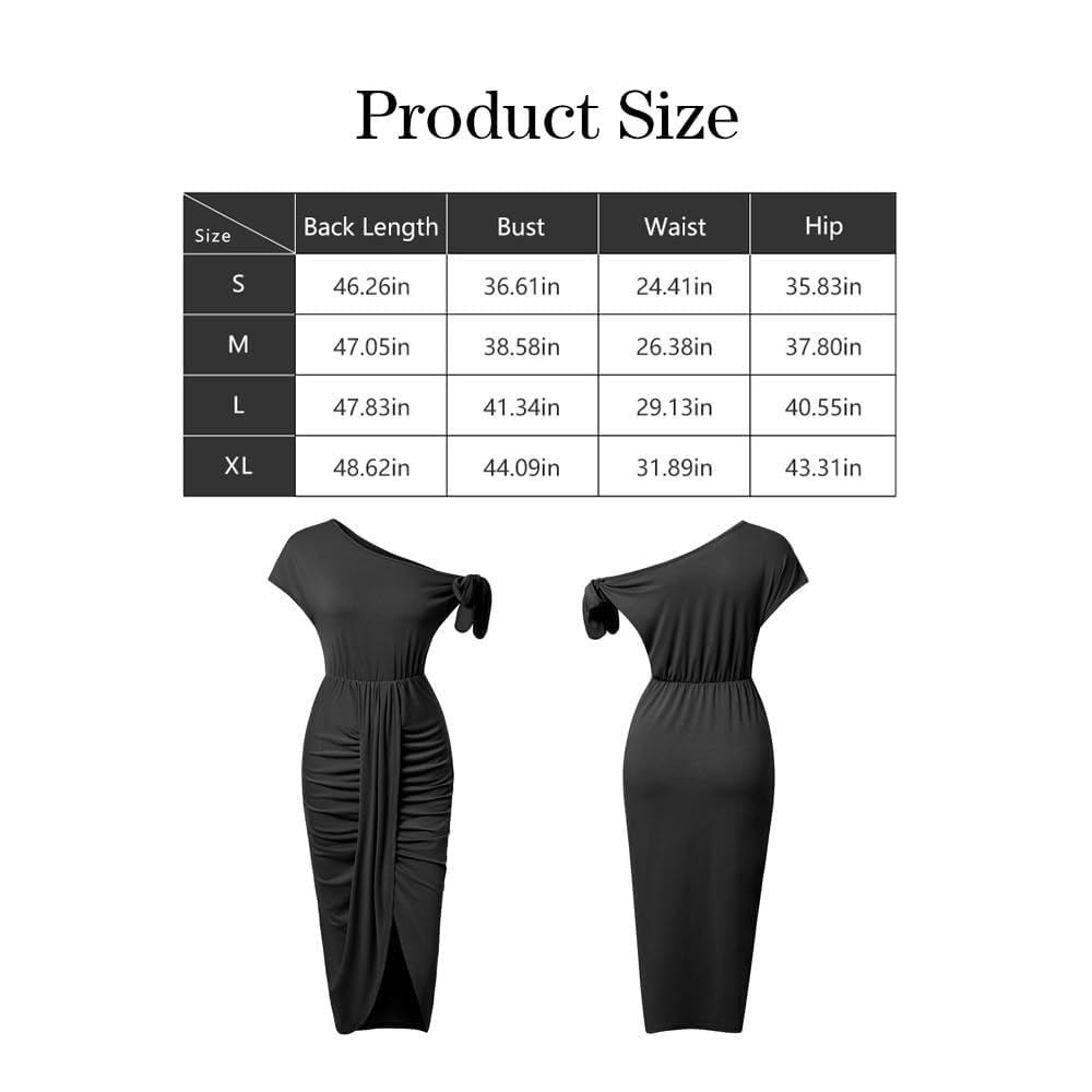Vestito Donna con Scollo Obliquo Sexy Spacco a Vita Alta Bodycon Elegante Estivo Midi Abito per Cocktail Party(Nero/L)