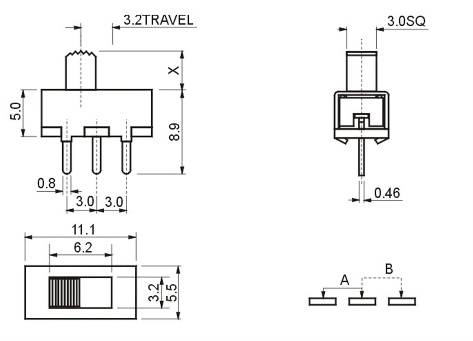 20PCS SS12F17 Toggle Switch 3 Pin 2 Files SS12F17G5 Handle High 5mm Slide Switch DIP