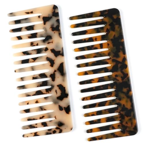 Peine Desenredante de Acetato de Celulosa – Pack 2 Peines de Púas Anchas para Cabello Rizado, Ondulado o Grueso, Peine Antiestático para Cabello Seco y Mojado.