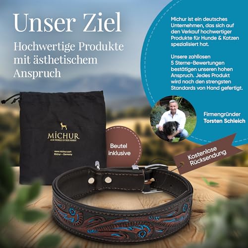 MICHUR Luis Hundehalsband Leder, Lederhalsband Hund, Halsband, Braun mit blauen Akzenten und schönem Stanzmuster, Leder, Halsumfang 33-38cm, Braun Blau