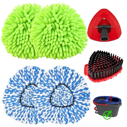 Hezane 2 Microfiber Mop Head Refills and 2 Chenille Mop Pads,1 Upgrade Scrub Brush 1 Spin Mop Base...