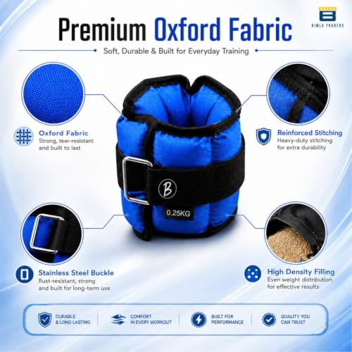 Image of Btag Solid Neoprene Ankle & Wrist Weights (0.25 kg x 2 Pcs) | Adjustable Strap | Unisex Leg & Arm Weight Cuffs for Gym, Workout & Training (Blue)