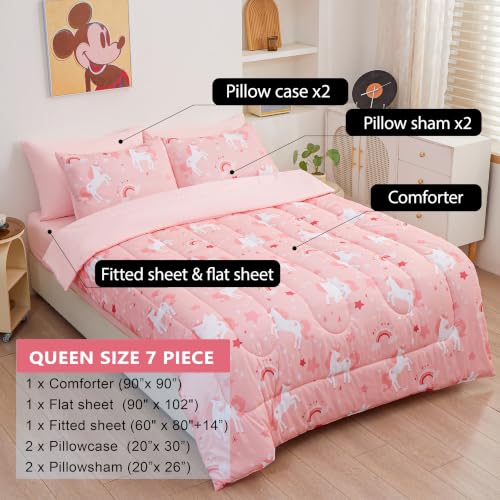 Image of Bedding Set Queen Size Pink Unicorn 7pcs Bed in A Bag, All Season Dreamy Unicorn Printed, Soft Microfiber Comforter Set with Sheets, Pillowcase & Sham for Girls Kids Teens (7 Piece Queen)